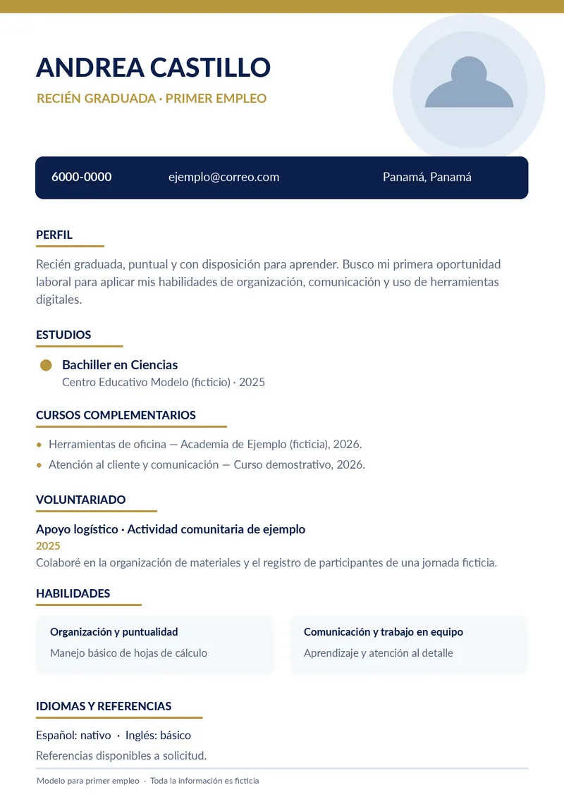 Modelo para primer empleo de hoja de vida en Panamá (datos ficticios)